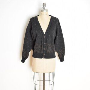 vintage 80s merino wool cardigan sweater jumper grandpa boyfriend charcoal M L